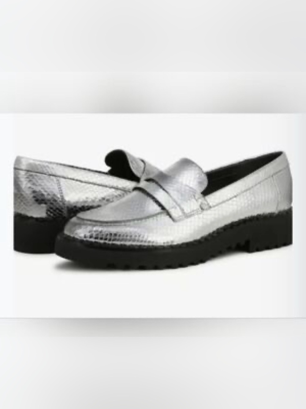 Franco Sarto Cassandra Platform Penny Loafers Reptile Embossed Silver Size 7.5M